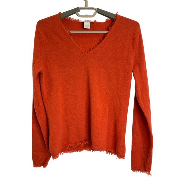 Peck & Peck Womens 100% Cashmere V Neck Sweater Burnt Orange Fringe M/S - Picture 2 of 6